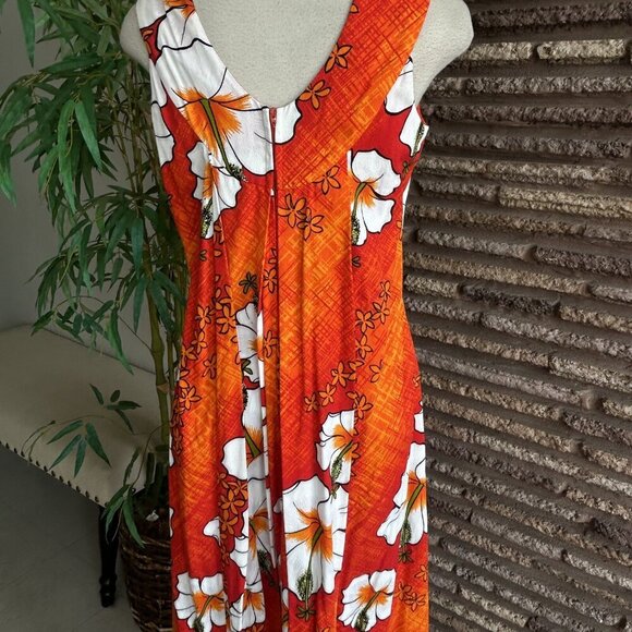 Vintage 60s Hawaiian Orange Floral Tiki Barkcloth Maxi Dress from Penney's - Picture 4 of 11
